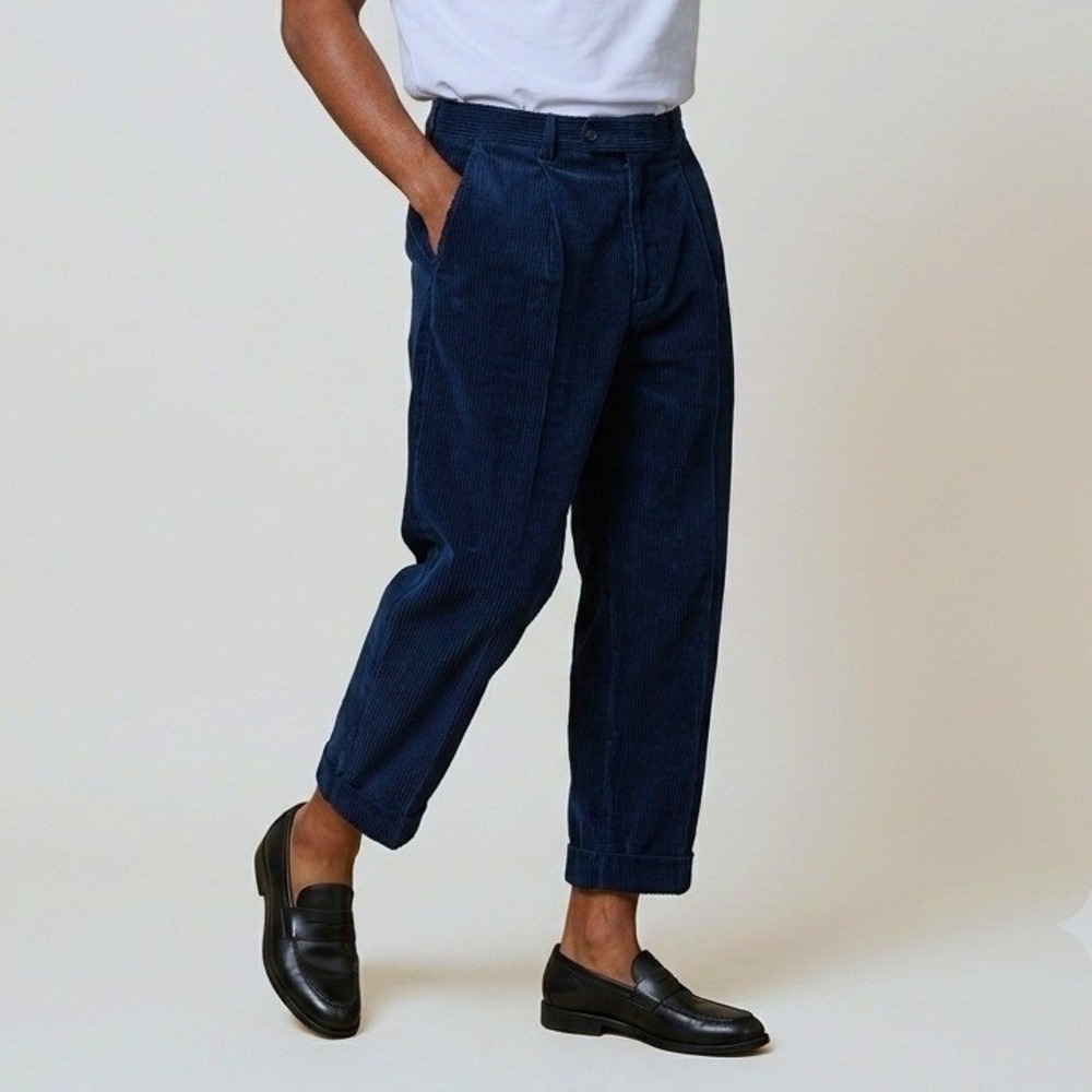 Ami Alexandre Mattiussi Mens Navy Blue Pleated Corduroy Cropped Trousers XL $435